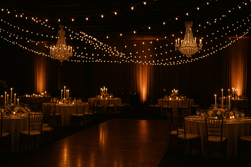 Vestuvių ir renginių apšvietimas – modernus šventinio salės apšvietimas su LED girliandomis ir šviestuvais