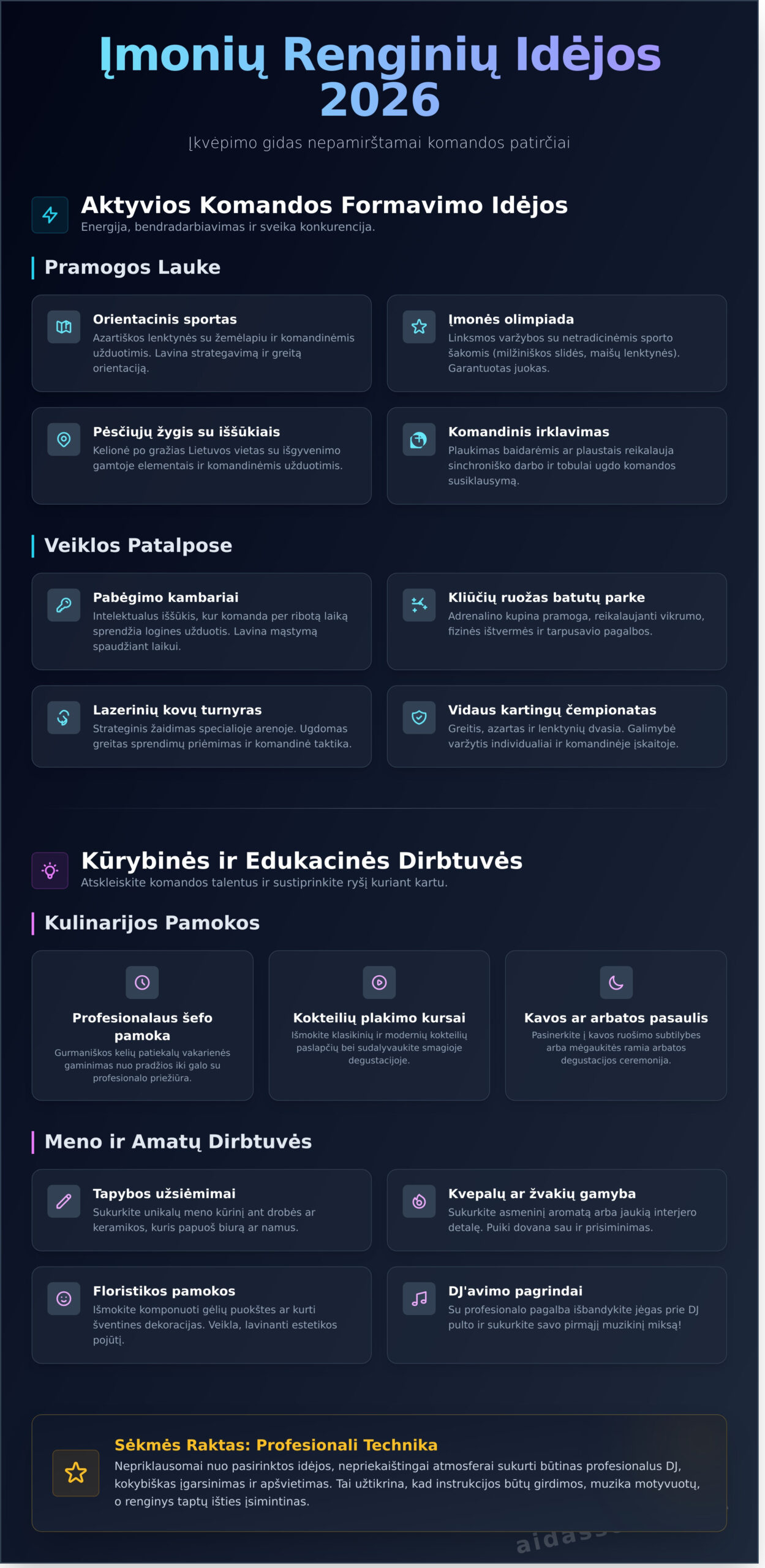 50+ Įmonių Renginių Idėjos 2026: Nuo Komandos Formavimo Iki Iškilmingos Vakarienės - Infographic